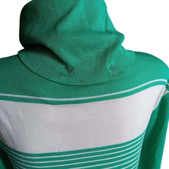 Large Vintage 70's Green White Striped Turtleneck Sweater Acrylic Wool Blend Mom - Picture 3 of 7